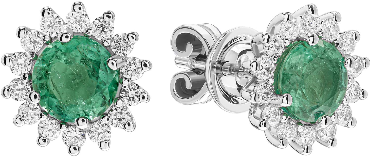 Серьги пусеты-гвоздики из белого золота EdelStein egw5eg208 с изумрудами, бриллиантами