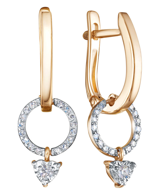 Золотые серьги круглые с подвесками Vesna jewelry 22015-159-46-00 с бриллиантами